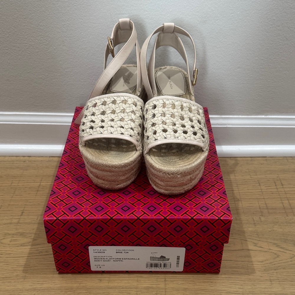 Tory Burch Cream Woven Espadrille Platform Wedges